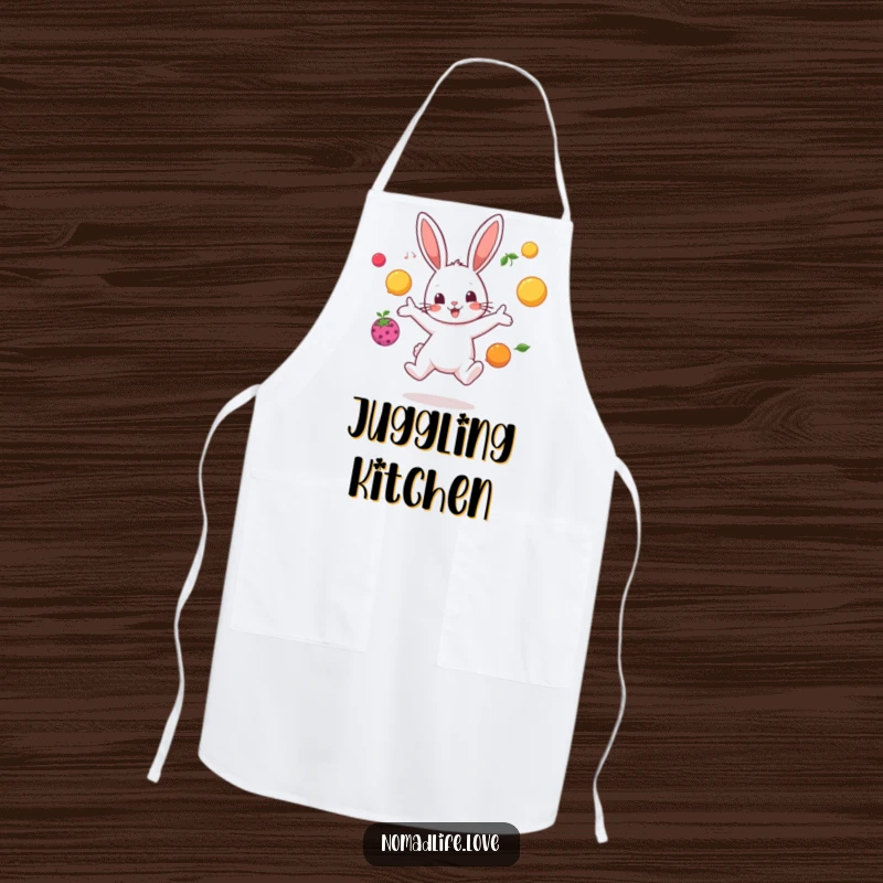 Funny bouncing bunny character juggling brightly colored fruit in mid-air, a humorous apron for playful cooks.