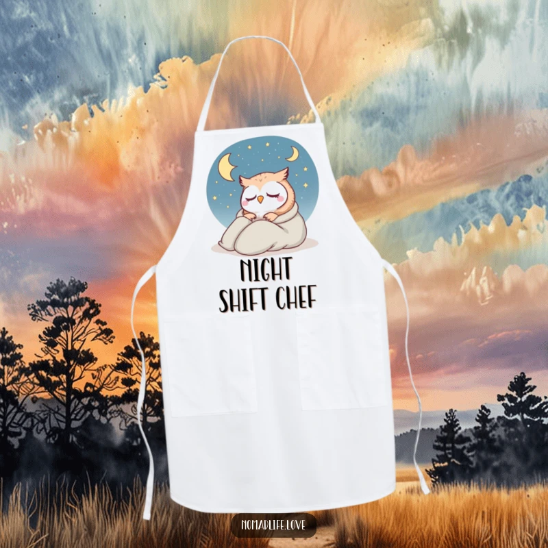 Funny Owl Night Apron showing a contented owl in a sleeping bag under a starry sky, ready for late-night cooking.