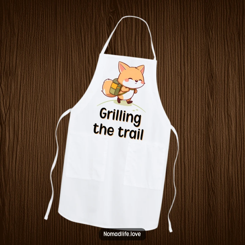 Funny giggling round fox wearing a small backpack, hiking up a gentle slope, a humorous apron for kitchen adventurers.