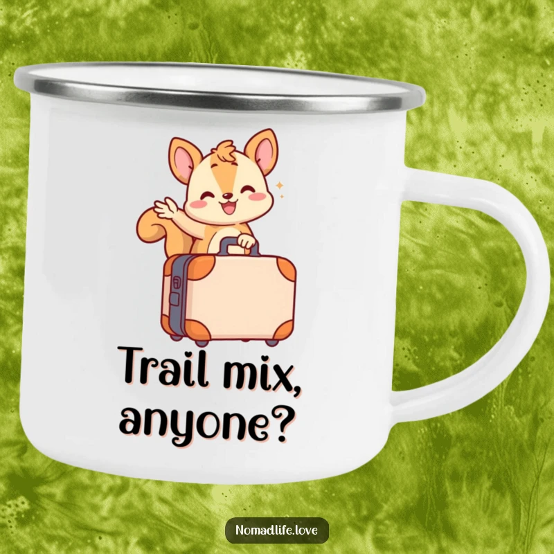 Funny wiggling squirrel character waving from its small wheeled suitcase, ideal for a durable and funny camping mug.