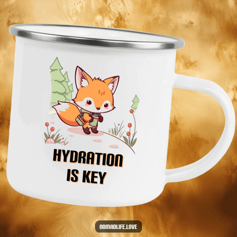 Funny Fox Kit Campfire Mug featuring a mischievous kit with a canteen by a trail, perfect for outdoor enthusiasts.
