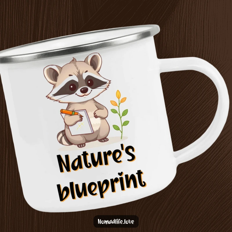 Funny Raccoon Camp Mug showing a curious raccoon with a notepad and pencil, sketching a strange plant, perfect for outdoors.