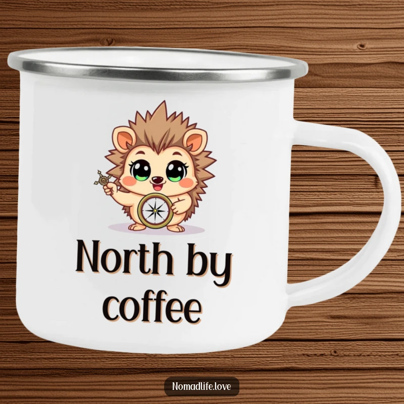 Funny cheerful hedgehog brandishing a compass with wide, eager eyes, a humorous camping mug for outdoor adventures.