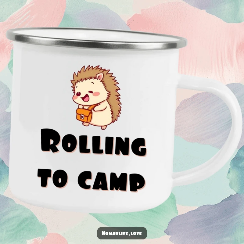 Funny Hedgehog Campfire Mug featuring a giggling hedgehog with a satchel, rolling downhill, perfect for outdoor enjoyment.