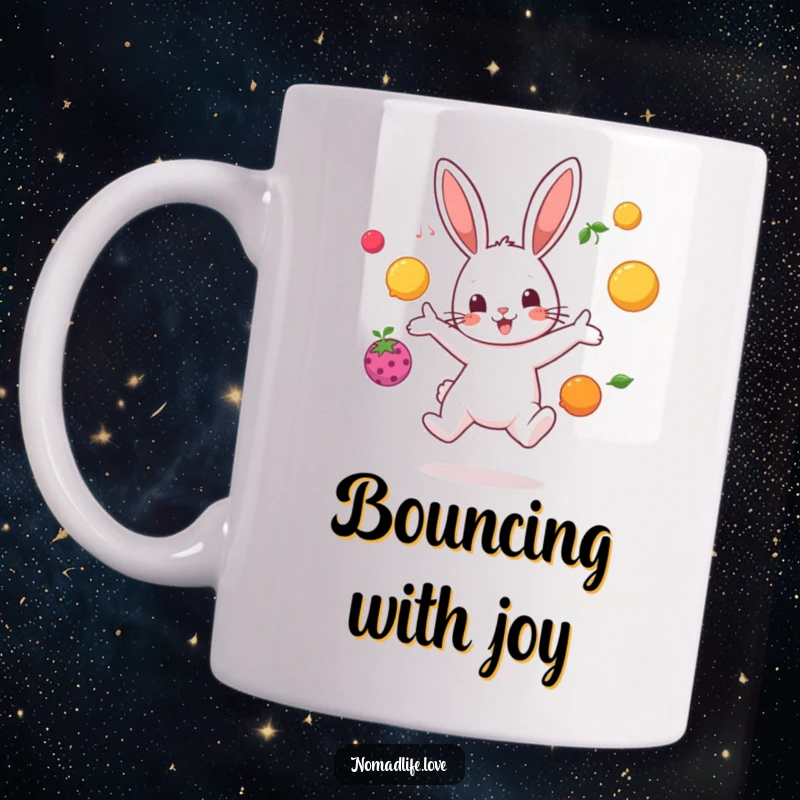 Funny bouncing bunny character juggling brightly colored fruit in mid-air with a playful and energetic expression.