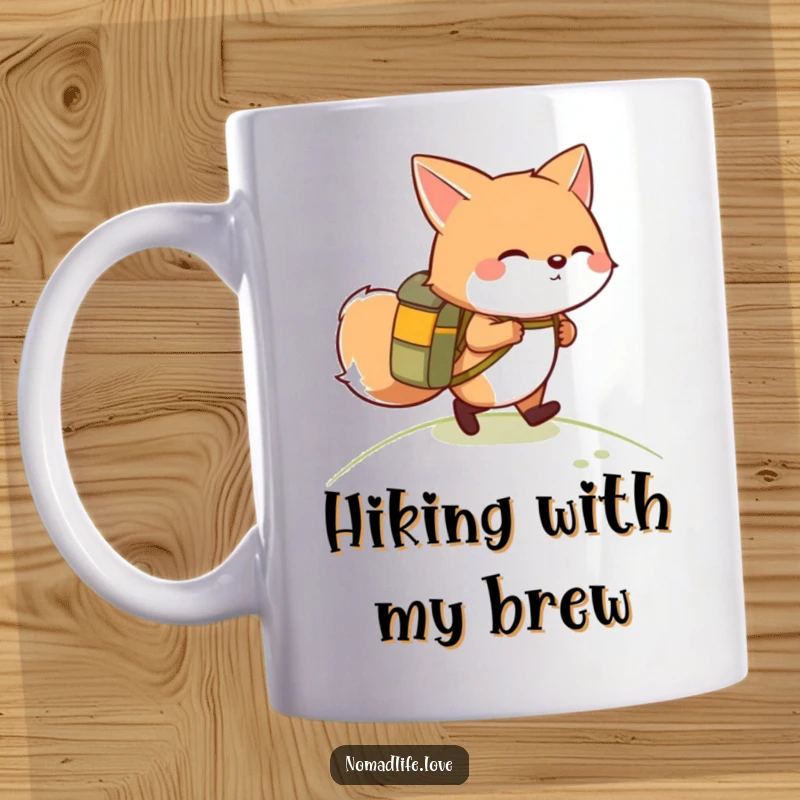 Funny giggling round fox wearing a small backpack, hiking up a gentle slope with a joyful expression.