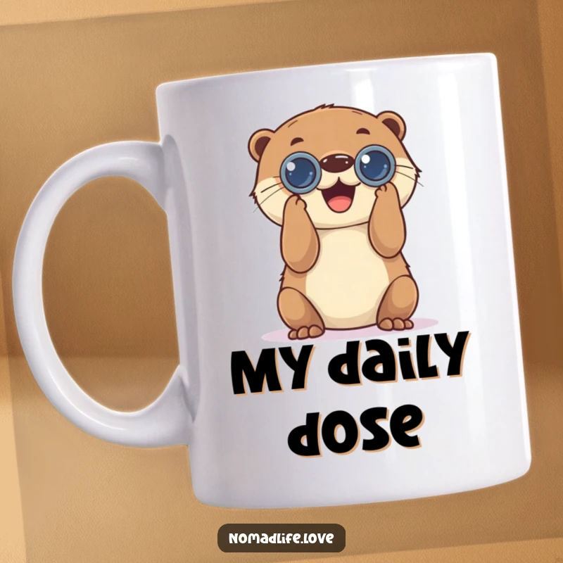 Funny Otter Binoculars Mug showing a playful otter looking joyfully through a small pair of binoculars, ready to observe.