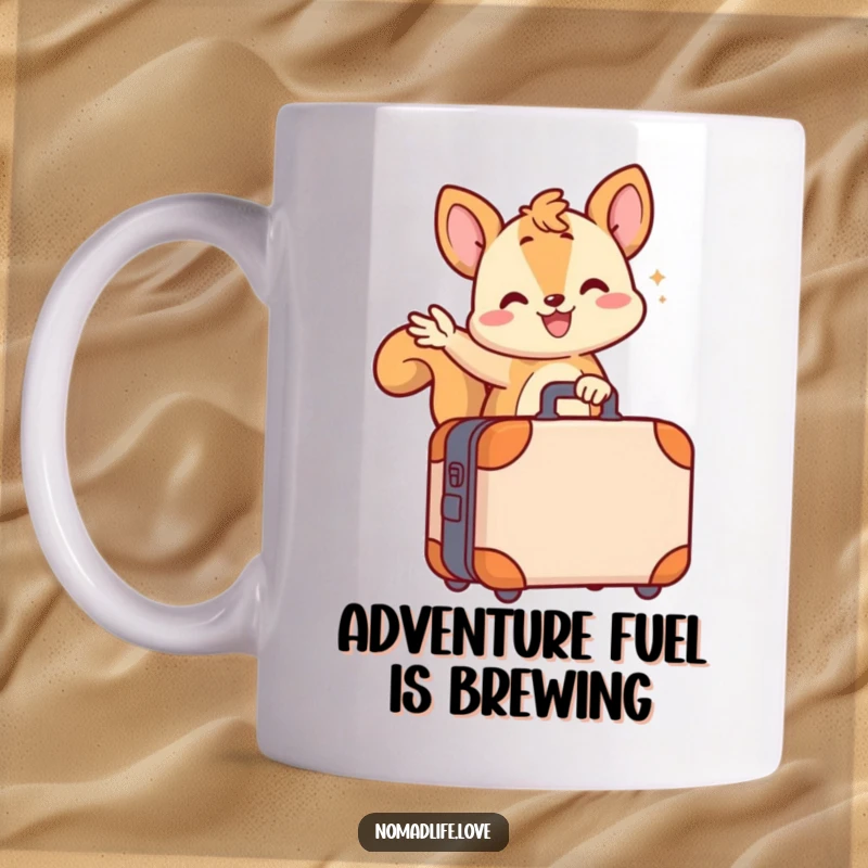 Funny wiggling squirrel waving happily from atop a wheeled suitcase, conveying excitement for travel, perfect for funny mugs.
