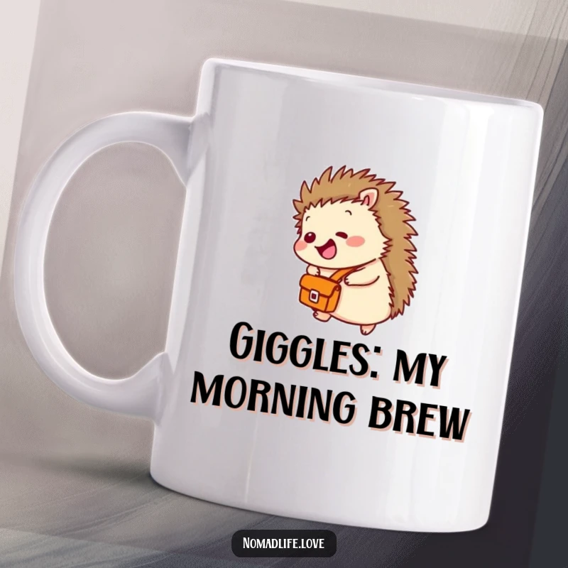 Funny Hedgehog Satchel Mug showing a tiny, giggling hedgehog rolling gleefully downhill with a small satchel attached.