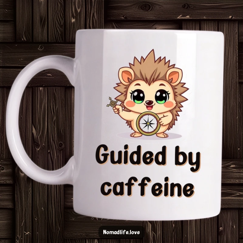 Funny cheerful hedgehog brandishing a compass with wide, eager eyes, embarking on an adventure, perfect for a gift.