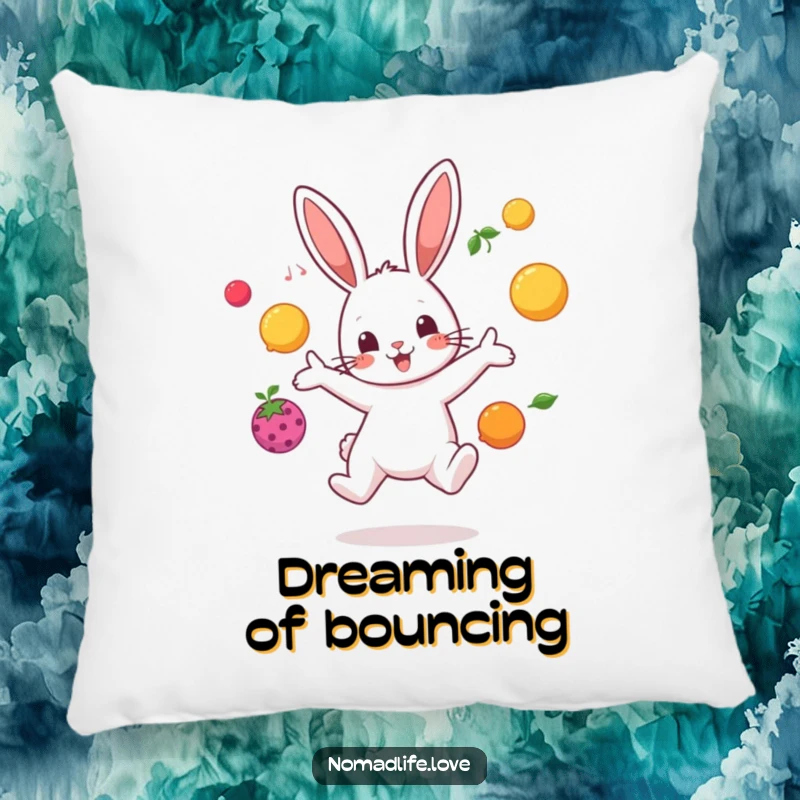 Funny bouncing bunny character juggling brightly colored fruit in mid-air, a comfortable and humorous pillow.