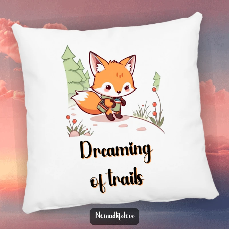 Funny Fox Kit Canteen Pillow featuring a mischievous kit with a canteen, resting after a winding path exploration.