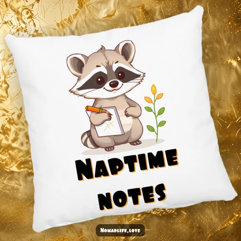 Funny Raccoon Artist Pillow featuring a curious raccoon with a notepad and pencil, sketching a peculiar plant.