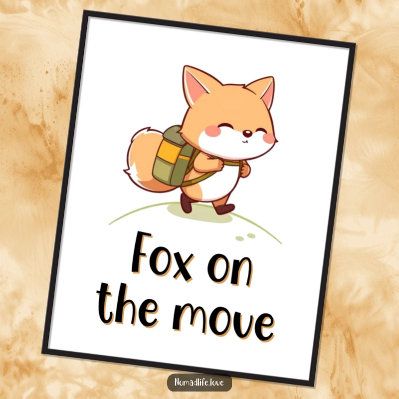 Funny giggling round fox wearing a small backpack, hiking up a gentle slope, a humorous digital art print.