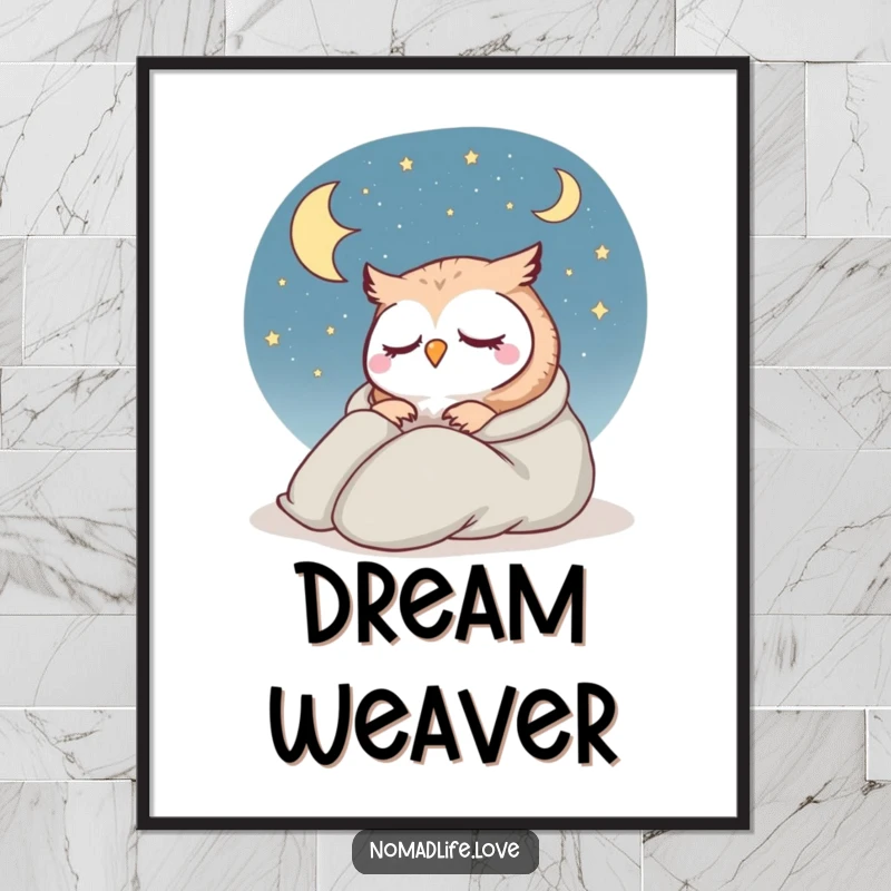 Funny Owl Starry Night Digital Art Print of a contented owl in a sleeping bag under a starry sky, perfect wall art.