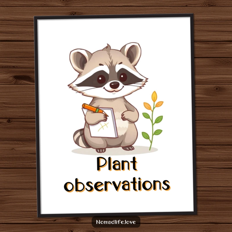 Funny Raccoon Sketch Digital Art Print of a curious raccoon with a notepad and pencil, sketching a strange plant, perfect wall art.