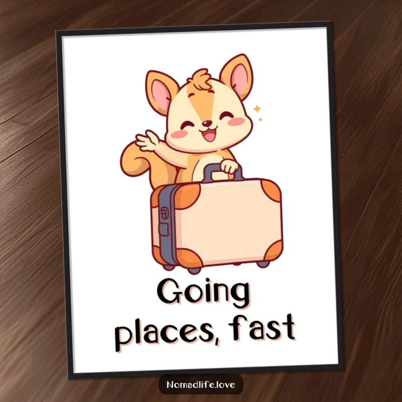 Funny wiggling squirrel character waving from its small wheeled suitcase, a charming and funny digital art print.