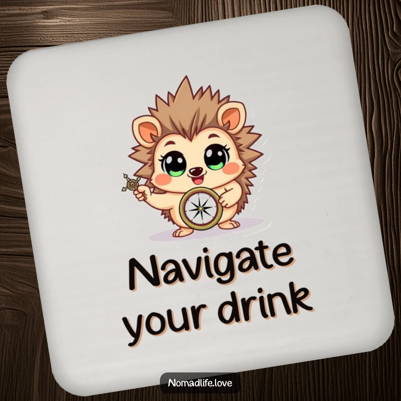 Funny cheerful hedgehog brandishing a compass with wide, eager eyes, a set of humorous coasters.