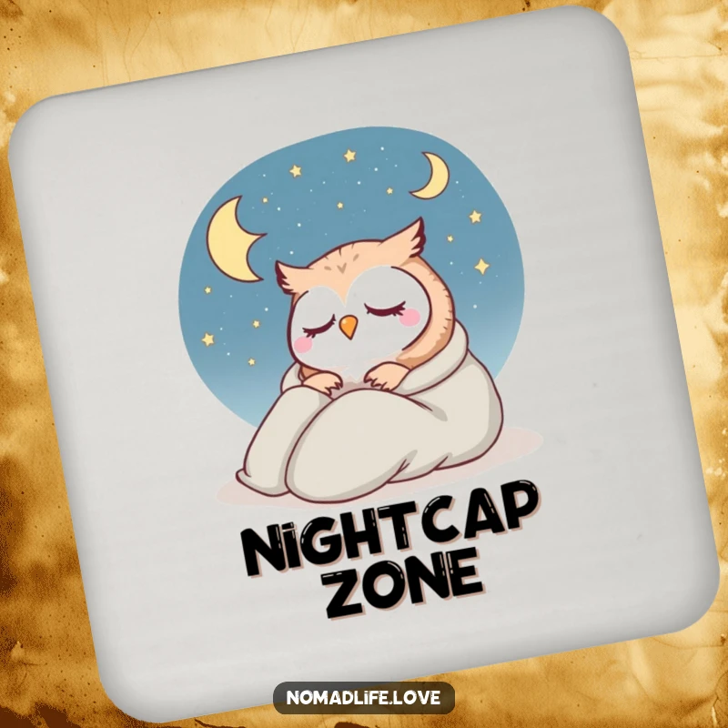 Funny Owl Sleeping Coaster featuring a contented owl in a sleeping bag under a starry sky, protecting surfaces humorously.