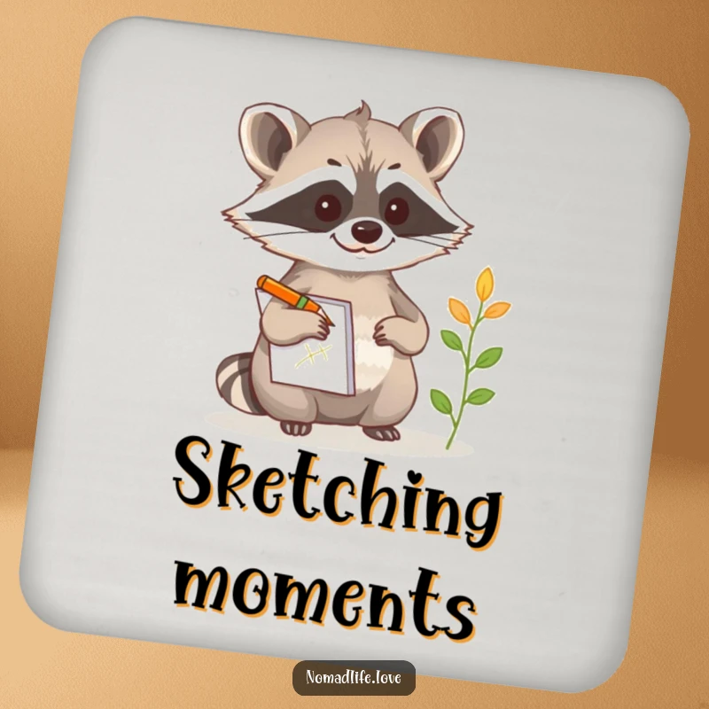 Funny Raccoon Sketch Coaster featuring a curious raccoon with a notepad and pencil, sketching a strange plant, protecting surfaces.