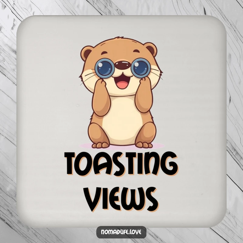 Funny Otter Binocular Coaster featuring a playful otter using binoculars, protecting surfaces with a humorous touch.