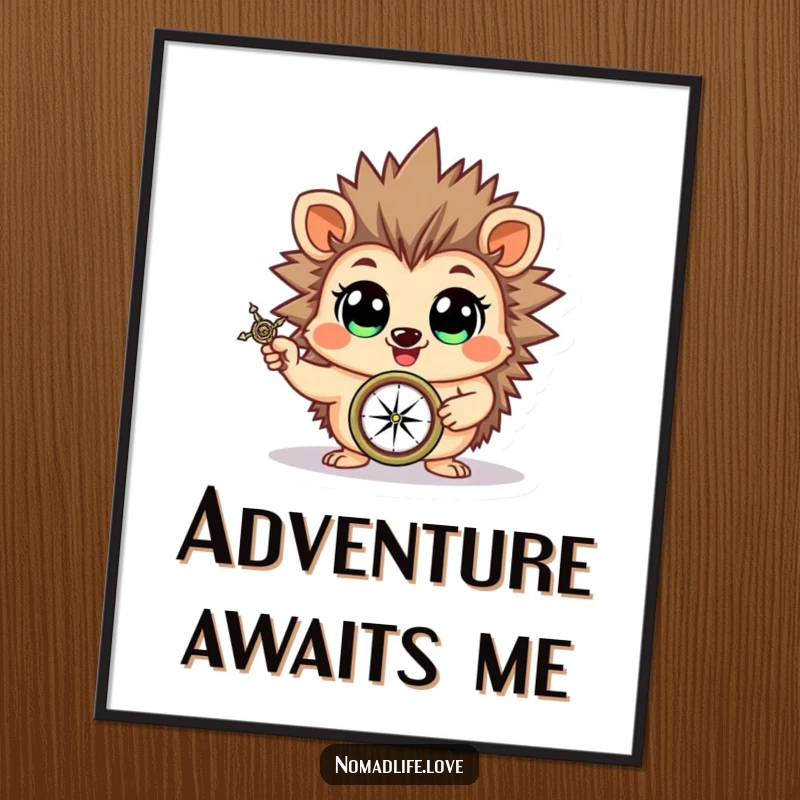 Funny cheerful hedgehog brandishing a compass with wide, eager eyes, creating humorous and inspiring wall art.