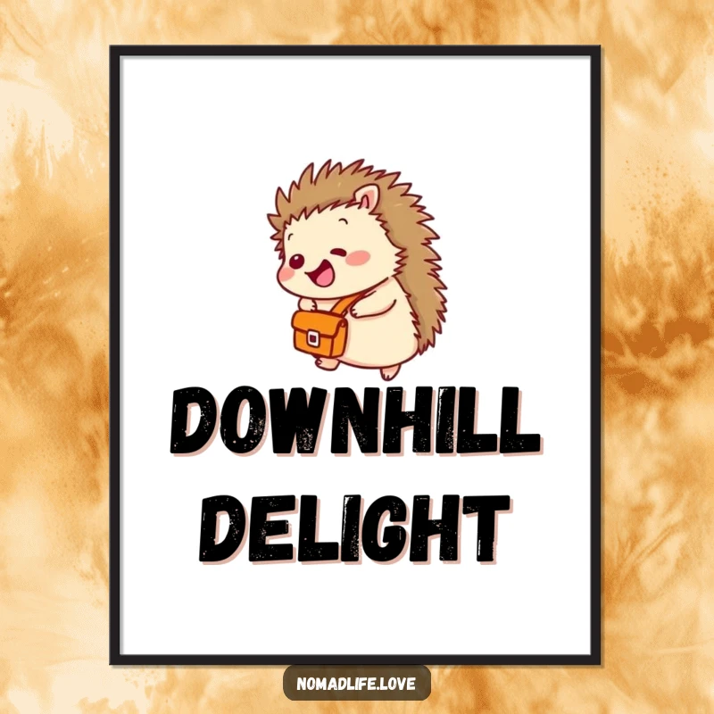 Funny Hedgehog Rolling Poster showing a tiny, giggling hedgehog with a satchel happily rolling downhill, perfect wall art.