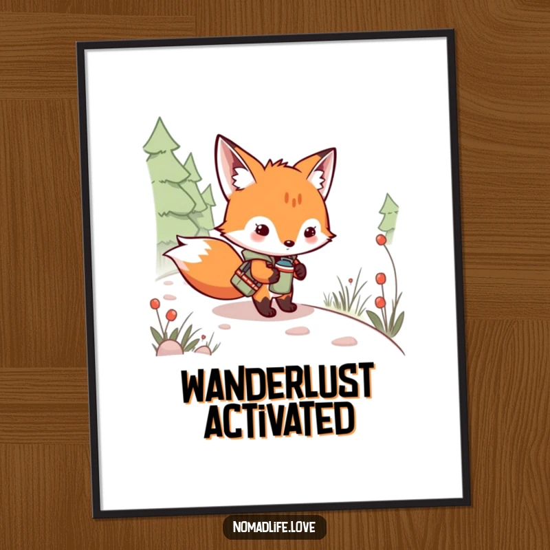 Funny Fox Kit Poster illustrating a mischievous kit with a canteen, adventuring on a winding forest path, perfect decor.