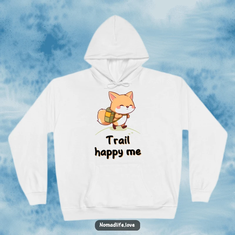 Funny giggling round fox wearing a small backpack, hiking up a gentle slope, perfect for a cozy and humorous hoodie.