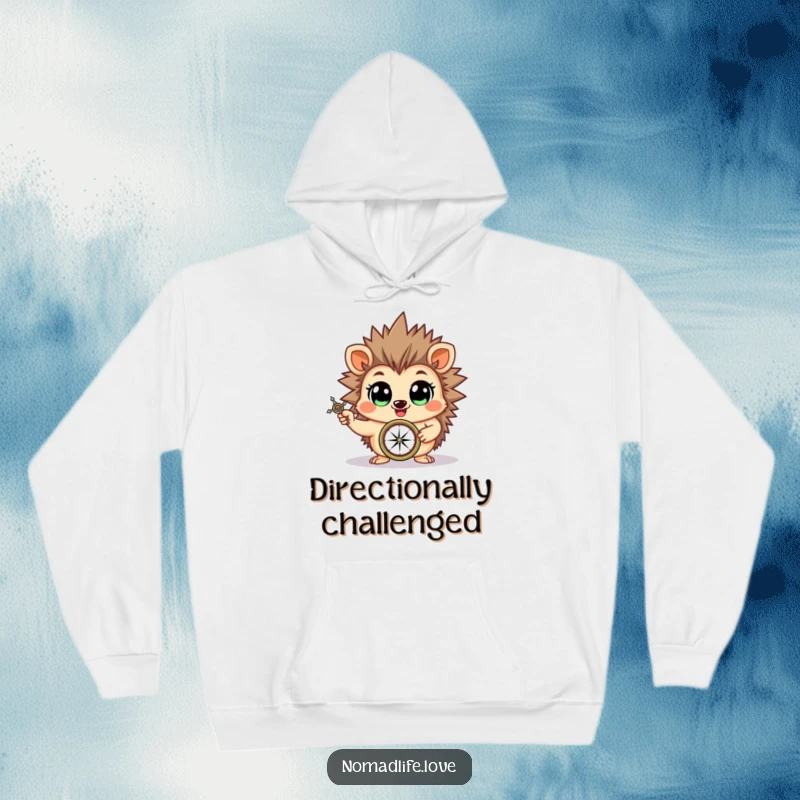Funny cheerful hedgehog brandishing a compass with wide, eager eyes, perfect for a cozy and humorous hoodie.