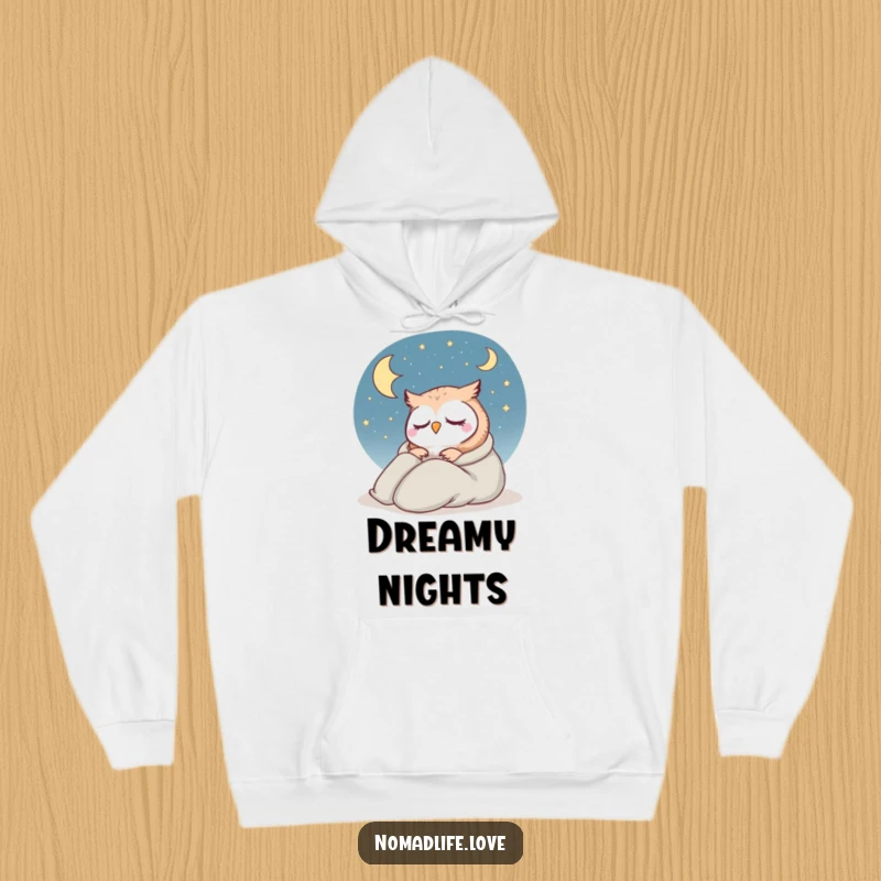 Funny Owl Sleeping Bag Hoodie showcasing a contented owl in a sleeping bag, dozing under a beautiful starry sky.