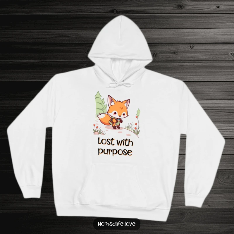Funny Fox Kit Hoodie featuring a mischievous kit with a canteen, setting off on an exciting winding path adventure.