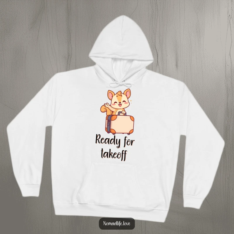 Funny wiggling squirrel character waving from atop a wheeled suitcase, perfect for a cozy funny hoodie design.