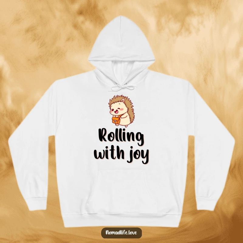 Funny Hedgehog Satchel Hoodie showing a giggling hedgehog with a satchel, rolling gleefully down a slope, offering warmth.