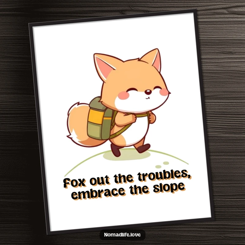 Funny Free Printable Wall Art: A giggling, round fox wearing a small backpack, hiking up a gentle slope.