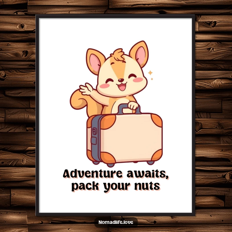 Funny Free Printable Wall Art: A cute, wiggling squirrel sits atop a small wheeled suitcase, ready for wherever.