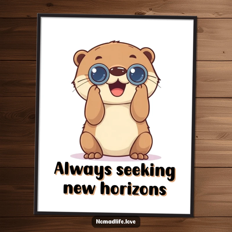 Funny Free Printable Wall Art: Playful otter with binoculars joyfully looking, a fun and curious downloadable scene.