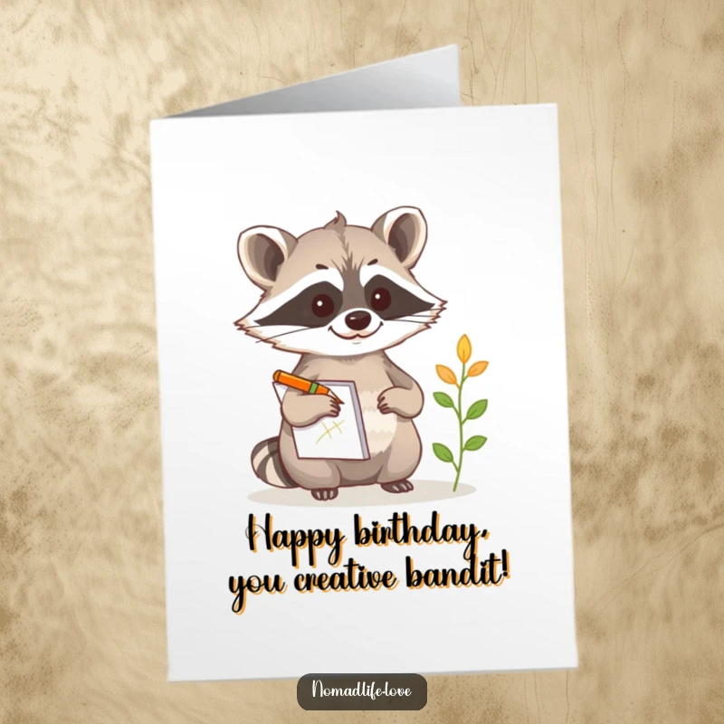 Funny Free Printable Birthday Card: Curious raccoon with notepad sketching a strange plant, ready for birthday discoveries.