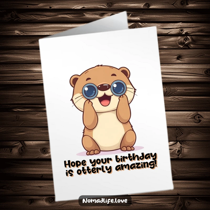 Funny Free Printable Birthday Card: Playful otter with binoculars joyfully looking, spotting birthday fun.