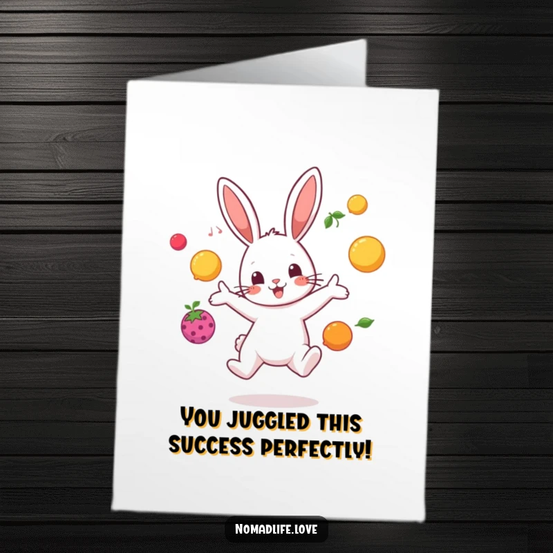 Funny Free Printable Congrats Card: Playful bunny character juggling fruit, celebrating your success with energy.