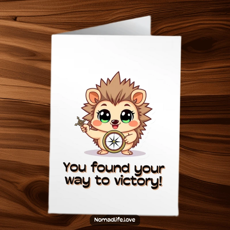 Funny Free Printable Congrats Card: Cheerful hedgehog brandishing a compass, celebrating their successful navigation.