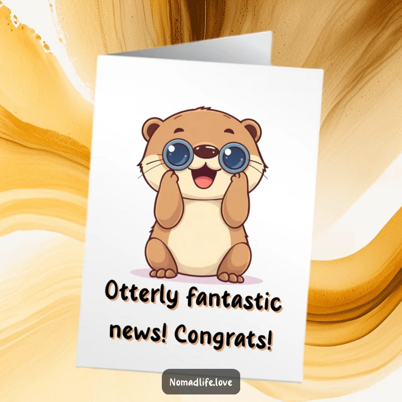 Funny Free Printable Congratulations Card: Playful otter with binoculars joyfully looking, celebrating a great achievement.