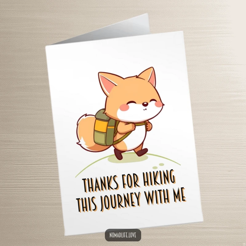 Funny Free Printable Thank You Card: Giggling fox wearing a backpack, hiking up a slope to say thanks.