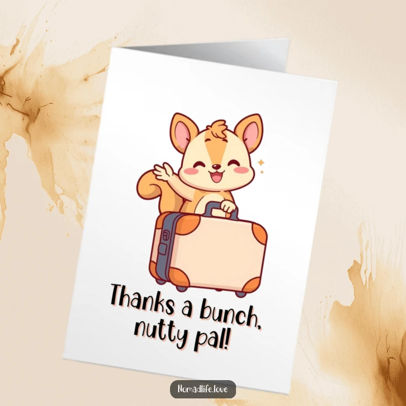 Funny Free Printable Thank You Card: A happy squirrel with a suitcase ready to travel sends thanks.