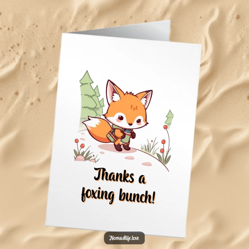 Funny Free Printable Thank You Card: Mischievous fox kit with canteen, a cute and humorous way to say thanks.