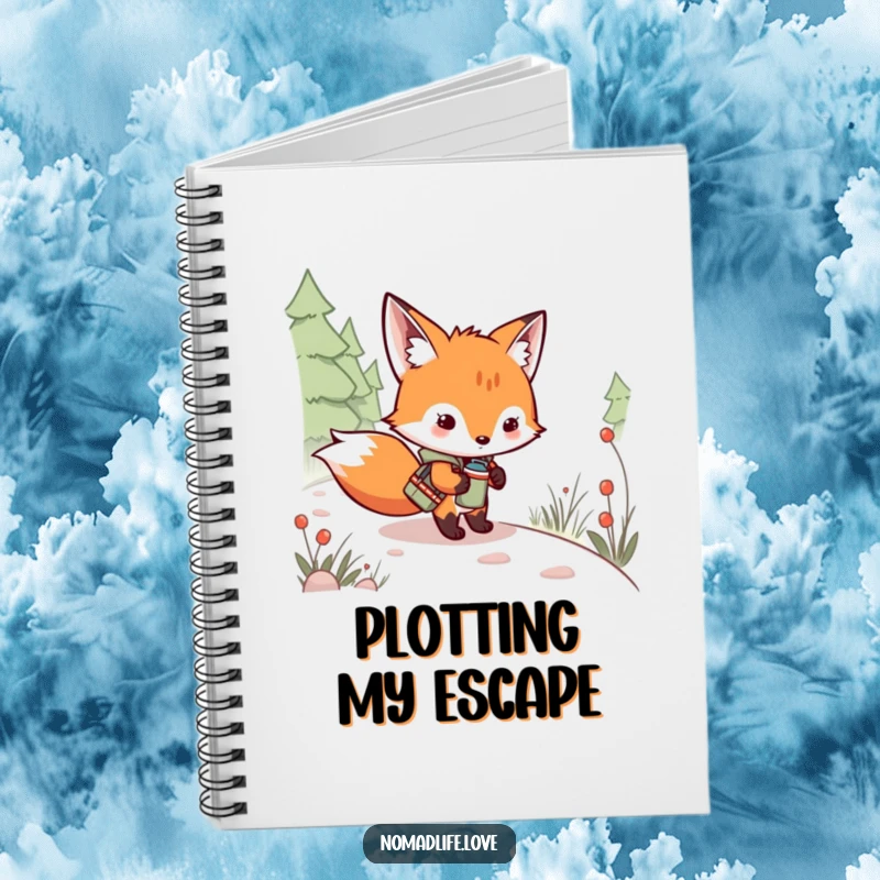 Funny Fox Kit Explorer Notebook with a mischievous kit holding a canteen, ideal for noting down adventures on a path.