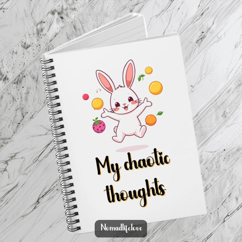 Funny bouncing bunny character juggling brightly colored fruit in mid-air, a humorous notebook for creative minds.