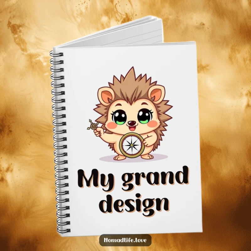 Funny cheerful hedgehog brandishing a compass with wide, eager eyes, a humorous notebook for planning adventures.