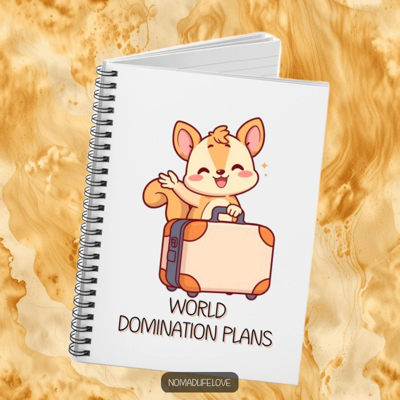 Funny wiggling squirrel character waving from its small wheeled suitcase, perfect for jotting down notes in a funny notebook.