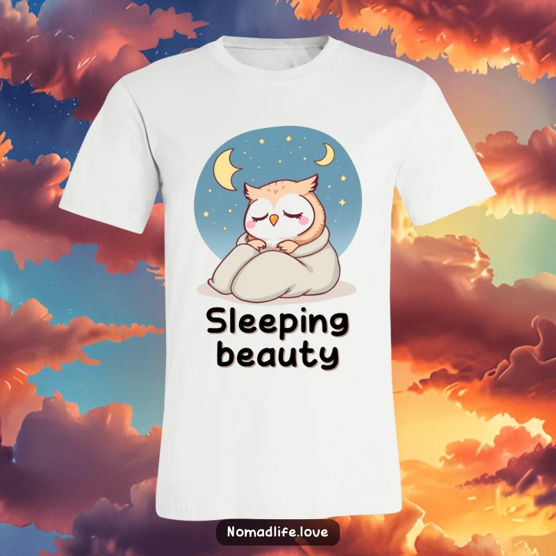 Funny Contented Owl T-Shirt featuring a little owl in a sleeping bag, dozing peacefully under a vast, starry sky.